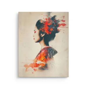 Painted Grace – Geisha II minimalist geisha portrait with red watercolor accents thin canvas wall art