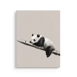Minimal ink-style panda sleeping on a bamboo branch with soft neutral background, calm Japandi thin canvas wall art.