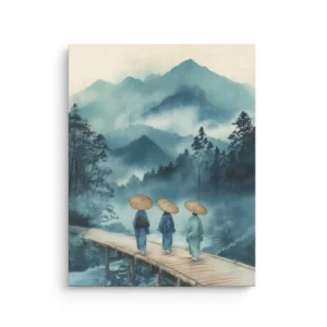 Ukiyo e inspired misty mountains with travelers on a wooden bridge and pine forest thin canvas wall art
