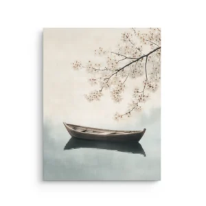 Minimalist rowboat on still lake water under cherry blossom branch in soft neutral tones, japandi thin canvas wall art