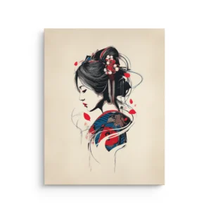 Minimal geisha profile with red petals on beige background Japanese inspired thin canvas wall art