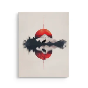 Red sun Mount Fuji crane reflection japandi thin canvas wall art