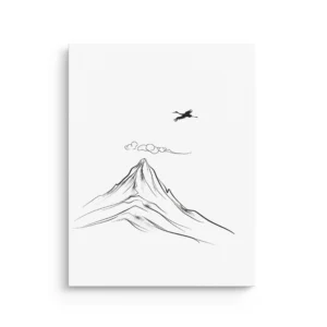 Minimal mountain peak line art with a small crane flying above, black ink drawing on white background, Japandi thin canvas wall art.