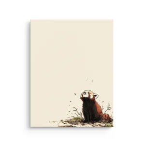Minimal Japandi red panda sitting in the corner and looking up with drifting leaves on a warm ivory background on premium thin canvas wall art.