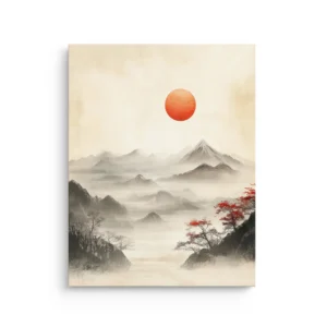 Misty ink mountain landscape with a red sun and subtle red foliage in soft neutral tones, Japandi thin canvas wall art.