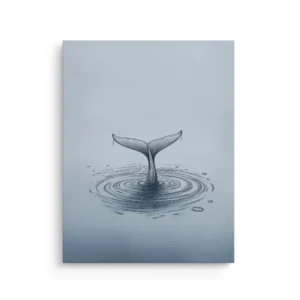 Minimal whale tail surfacing in calm blue-gray water with concentric ripple rings and airy negative space on thin canvas wall art.