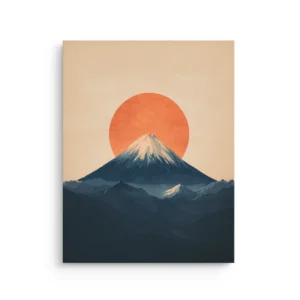 Minimal Mount Fuji landscape with a large red sun and layered blue mountains in warm beige tones, Japandi thin canvas wall art.