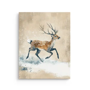 Watercolor stag running through falling snow in warm beige and soft blue-gray tones on premium thin canvas minimalist winter wall art.