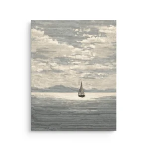 Minimalist sailboat on calm sea under soft clouds in neutral tones, japandi thin canvas wall art