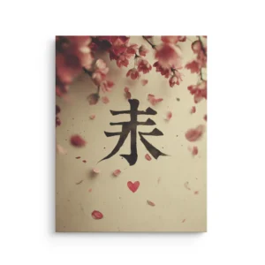 Japanese calligraphy character with sakura blossoms and falling petals on beige background thin canvas wall art