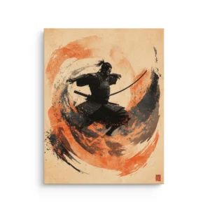 Samurai Swirl ink enso warrior with katana in ember and black tones thin canvas wall art