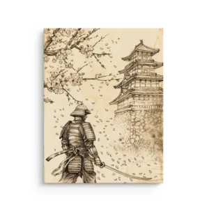 Samurai under cherry blossoms facing a Japanese castle sepia ink illustration thin canvas wall art