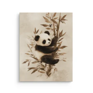Sepia ink-wash panda hugging a bamboo stalk with soft minimalist leaves on a warm beige background, Japandi thin canvas wall art.