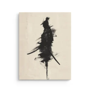 Minimal sumi e samurai silhouette with ink brush strokes on neutral beige background thin canvas wall art