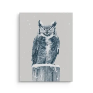 Minimal snow owl with eyes closed perched on a snowy wooden post in a misty winter background with soft falling snow, Japandi thin canvas wall art.