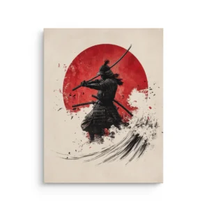 Sumi e samurai silhouette with katana in front of a red sun and ink wave brushstroke thin canvas wall art