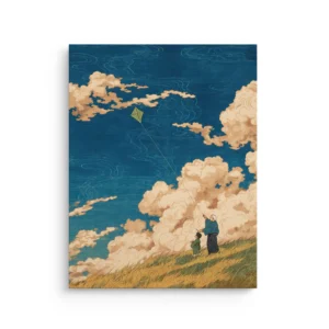 Skybound Whispers ukiyo e kite flying scene on premium thin canvas, blue sky clouds and grassy hill wall art