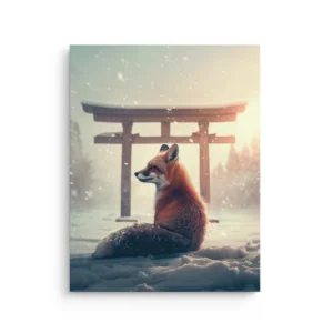 Serene fox sitting in fresh snow with falling flakes and a Japanese torii gate in soft misty sunrise light, Japandi thin canvas wall art.