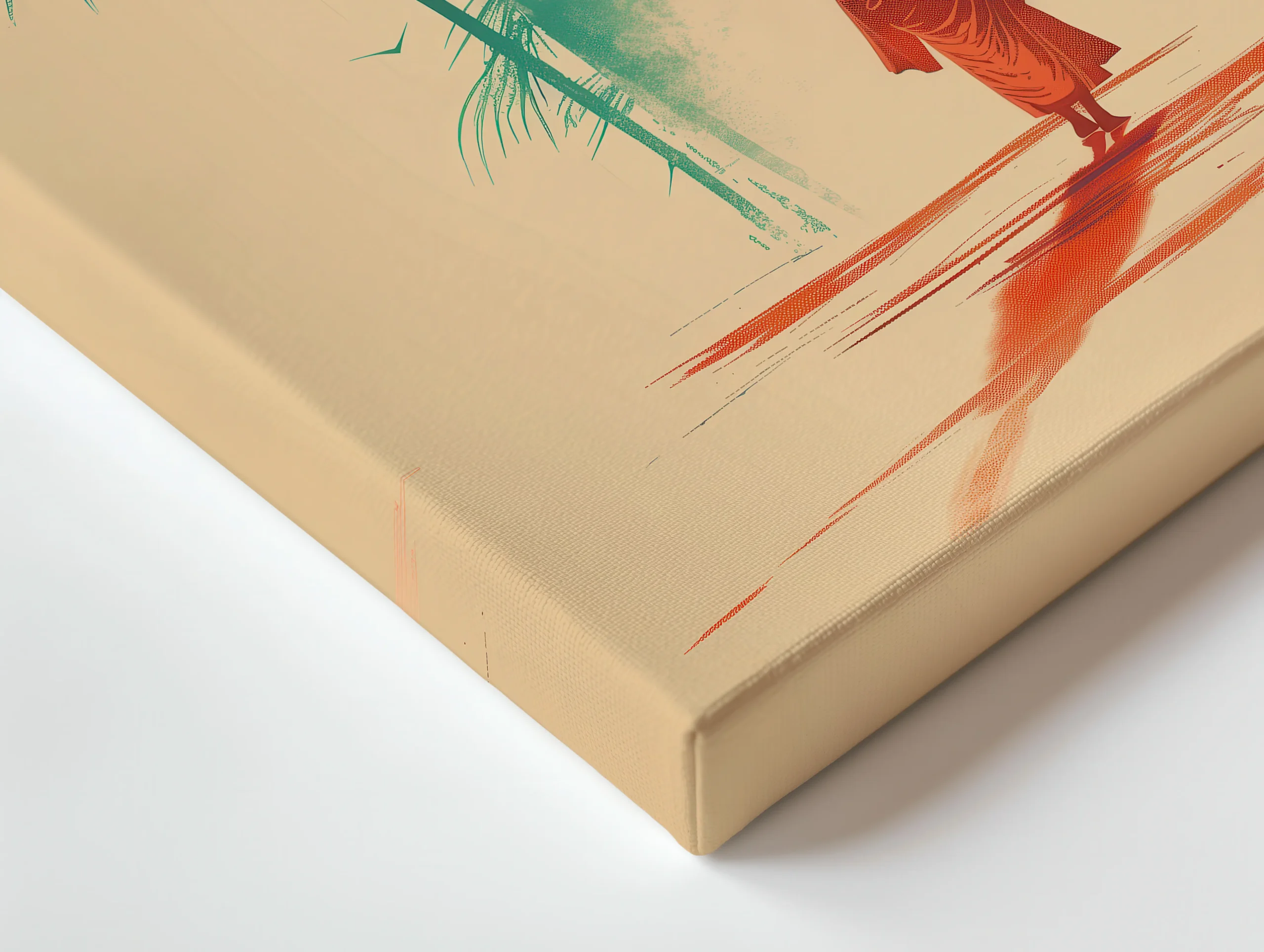 Close up of thin canvas texture and wrapped edge showing misty Japandi monk bamboo artwork