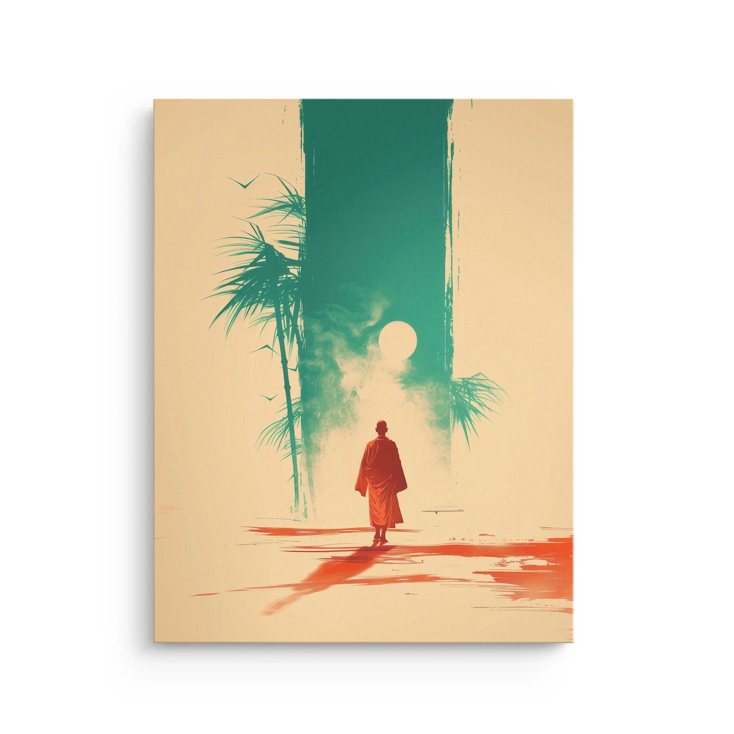 Solitary monk walking into misty bamboo forest under full moon minimalist Japandi thin canvas wall art