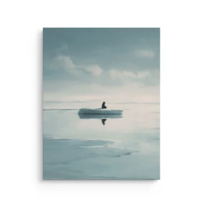Minimal penguin sitting on a small ice floe in a misty blue arctic seascape with soft reflections, calm Japandi thin canvas wall art.