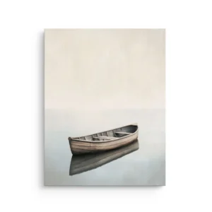 Minimalist japandi rowboat floating on still water in soft grey blue tones thin canvas wall art