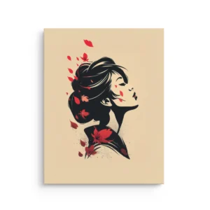 Blossoms in the Wind Geisha I minimalist geisha portrait with red cherry blossoms on beige thin canvas wall art