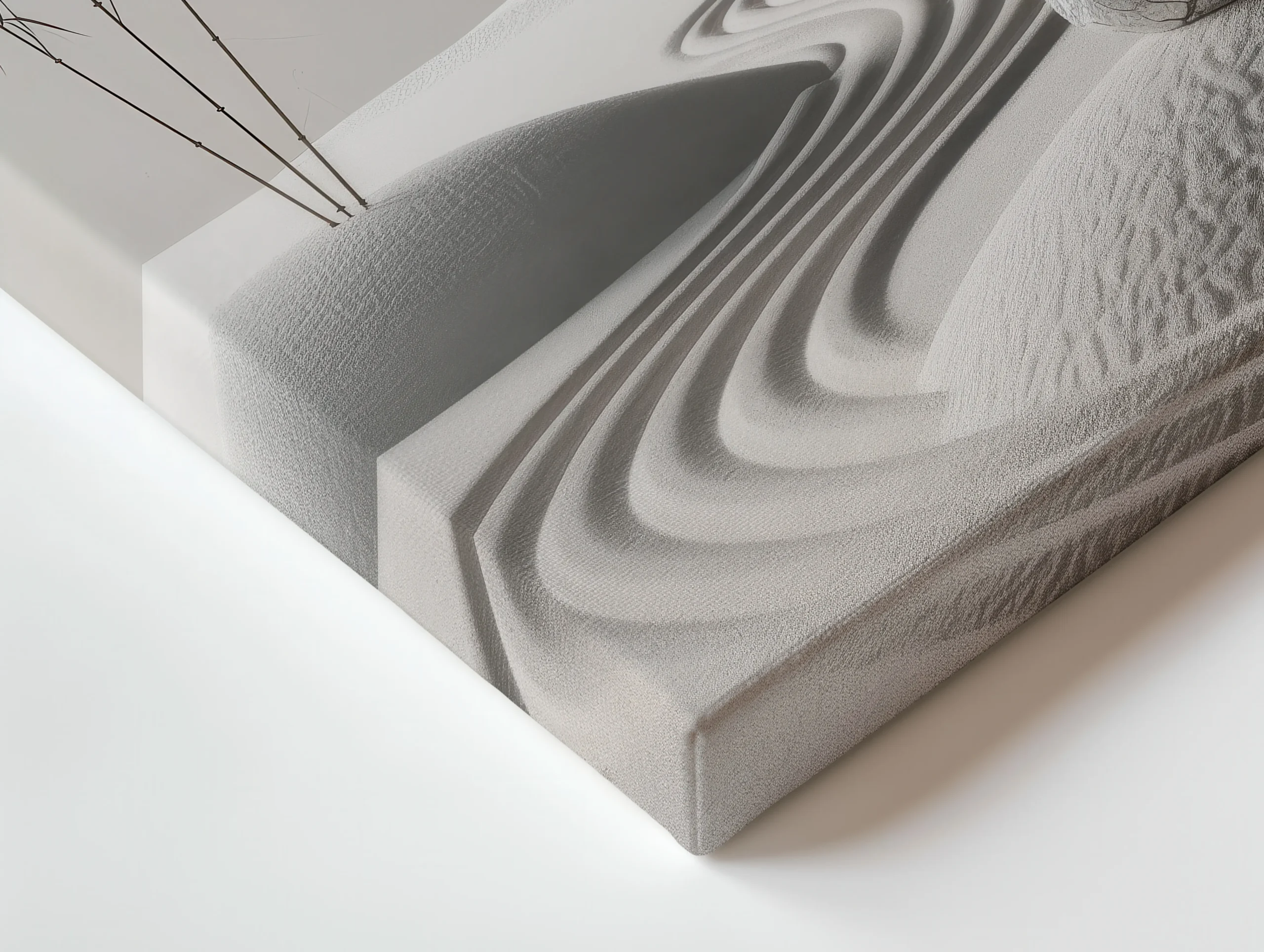 Close up of thin canvas texture and wrapped edge showing the zen garden sand rake lines and stone detail
