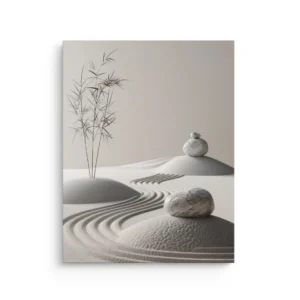 Zen garden scene with raked sand waves, smooth stones, and bamboo shadows in neutral tones, thin canvas wall art