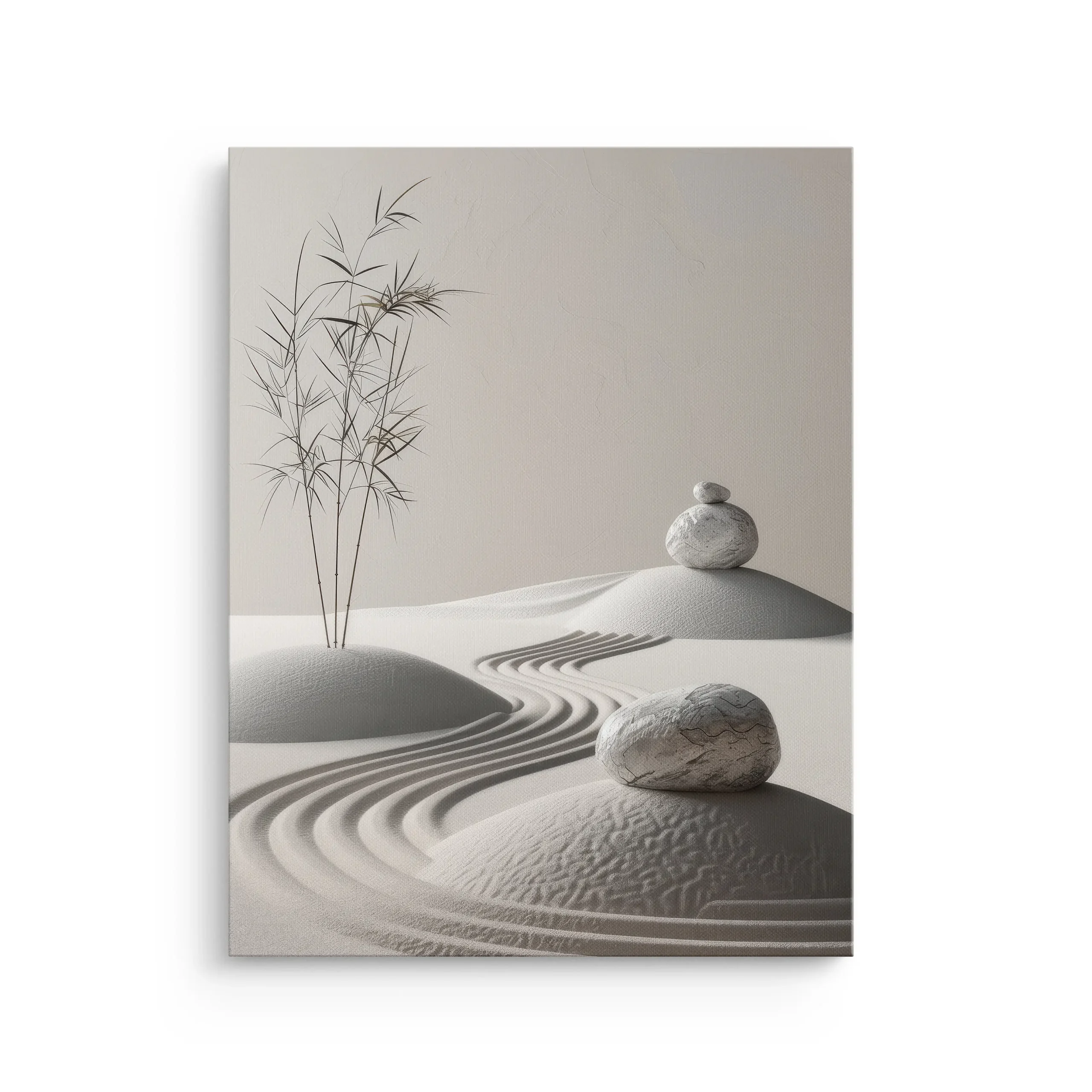 Zen garden scene with raked sand waves, smooth stones, and bamboo shadows in neutral tones, thin canvas wall art