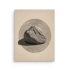 Zen stone in concentric ink rings on beige background minimalist thin canvas wall art