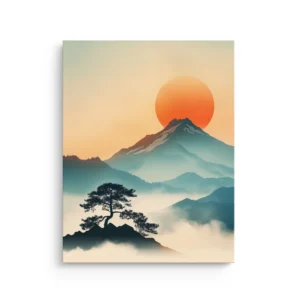 Misty mountain landscape with a warm orange sun and a lone pine silhouette in teal and beige tones, Japandi thin canvas wall art.
