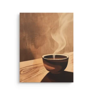 Tea Ceremony Tranquility thin canvas wall art with steaming tea bowl on warm wooden table in earthy neutral tones
