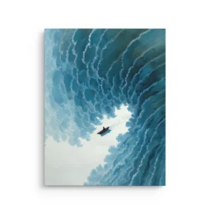 Ukiyo-e inspired blue ocean wave vortex with small boat, minimalist Japanese thin canvas wall art