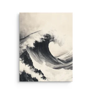 Black and white ink wave crashing over rocks japandi thin canvas wall art