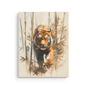 Sumi-e style tiger walking forward through misty bamboo with warm neutral tones, Japandi premium thin canvas wall art.