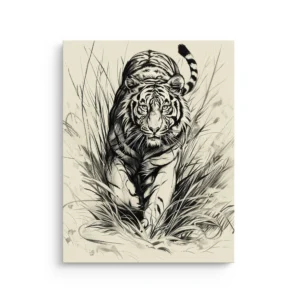 Sumi-e tiger walking through wild grass in Japanese brush style on a warm neutral background, minimalist Japandi thin canvas wall art.