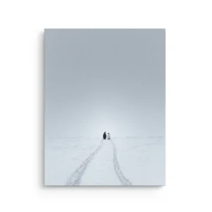 Minimal Japandi winter scene of two penguins standing together in misty snow with a long trail of tracks on a premium thin canvas wall art.