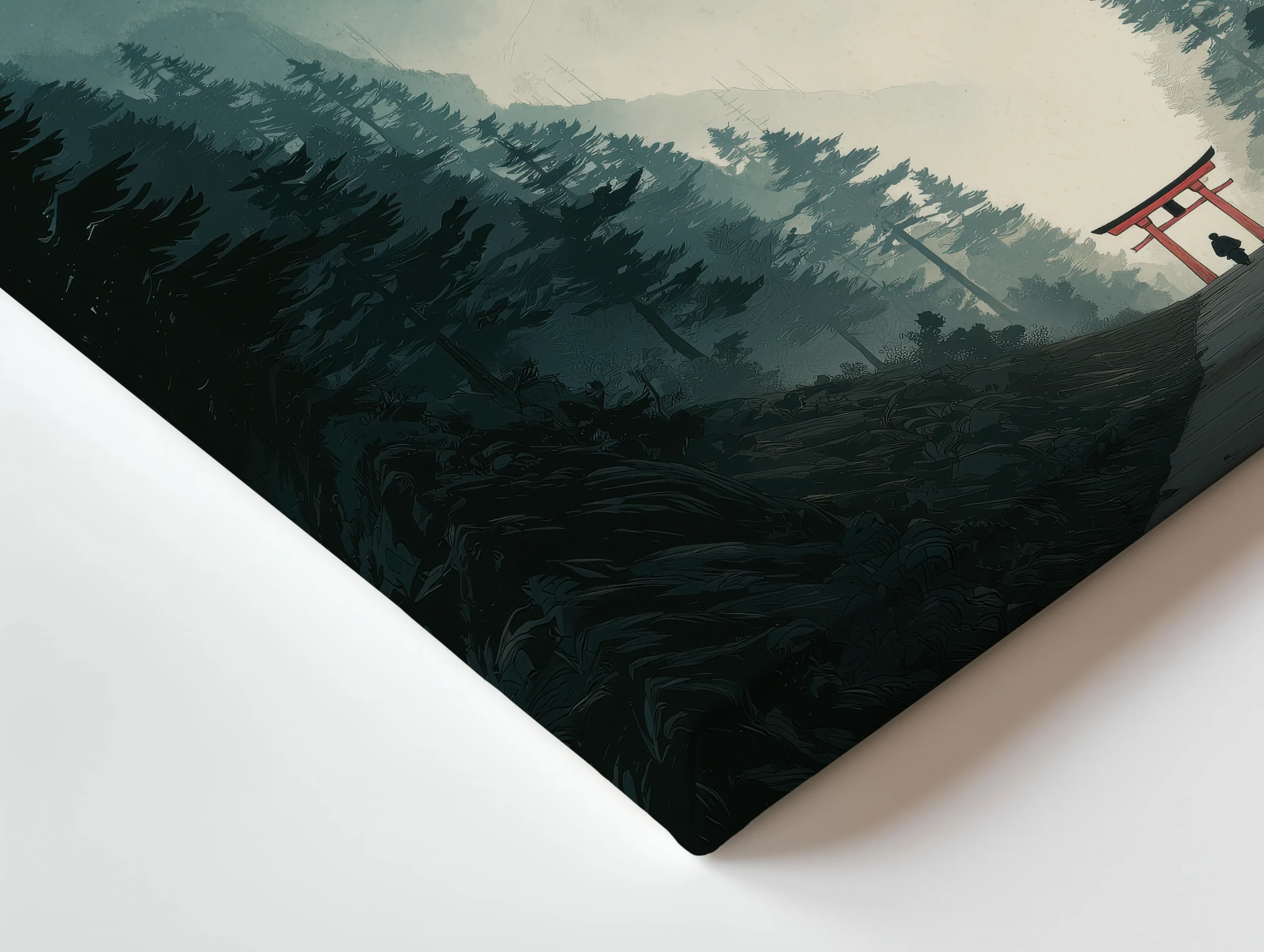 Close up of thin canvas texture and wrapped edge showing Torii Between the Mountains Ukiyo-e landscape print