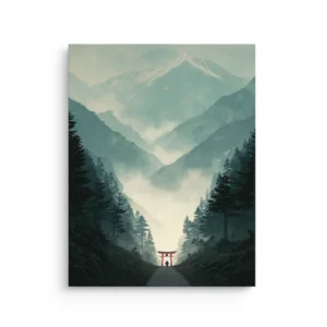 Ukiyo-e inspired torii gate between misty mountains and pine forest thin canvas wall art