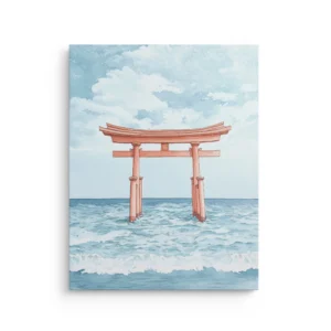Ukiyo e inspired torii gate in ocean waves watercolor blue thin canvas wall art