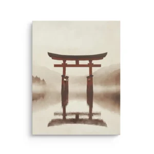 Red torii gate in misty lake with reflection and mountains, japandi thin canvas wall art
