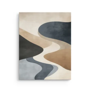 Abstract flowing river-like shapes in earthy beige, charcoal, and slate tones, Japandi thin canvas wall art.