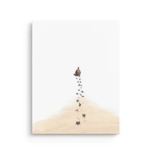 Minimalist turtle leaving small footprints across soft beige sand with airy white negative space on thin canvas wall art.