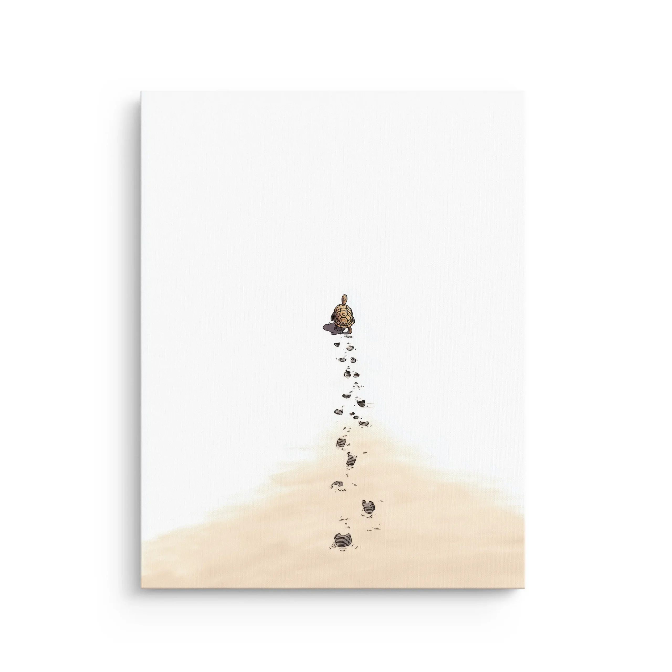 Minimalist turtle leaving small footprints across soft beige sand with airy white negative space on thin canvas wall art.