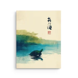Minimal watercolor turtle floating in a calm teal and green pond with soft ripples and Japanese calligraphy accents on thin canvas wall art.