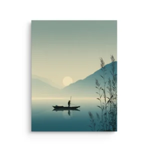 Misty lake fisherman with mountains and soft moon glow in teal tones Japandi minimalist thin canvas wall art