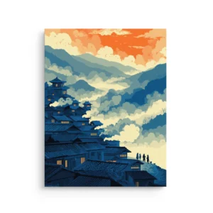 Ukiyo-e inspired twilight hillside village with misty mountains and glowing windows thin canvas wall art