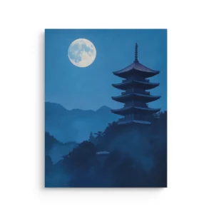 Moonlit Japanese pagoda in indigo mist thin canvas wall art