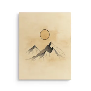 Minimal twin mountain peaks line art with a silent outlined sun in warm beige tones, Japandi thin canvas wall art.